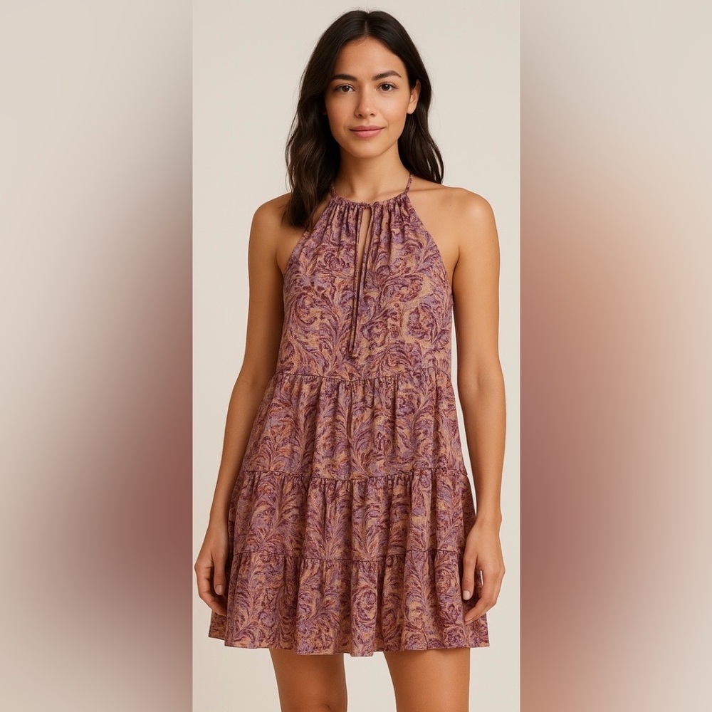 Drew Purple Pink Tiered Boho Mini Halter Keyhole Lined